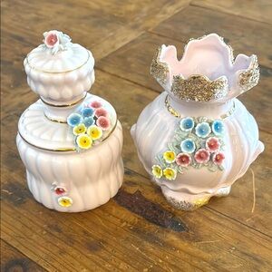 Vintage 1950’s Floral Vanity Ceramic Perfume bottle with matching Vase
